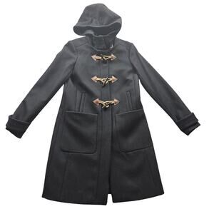 J Crew Coat Size 00 Black Wool Blend Removable Hood Lined Rope & Wood Buttons